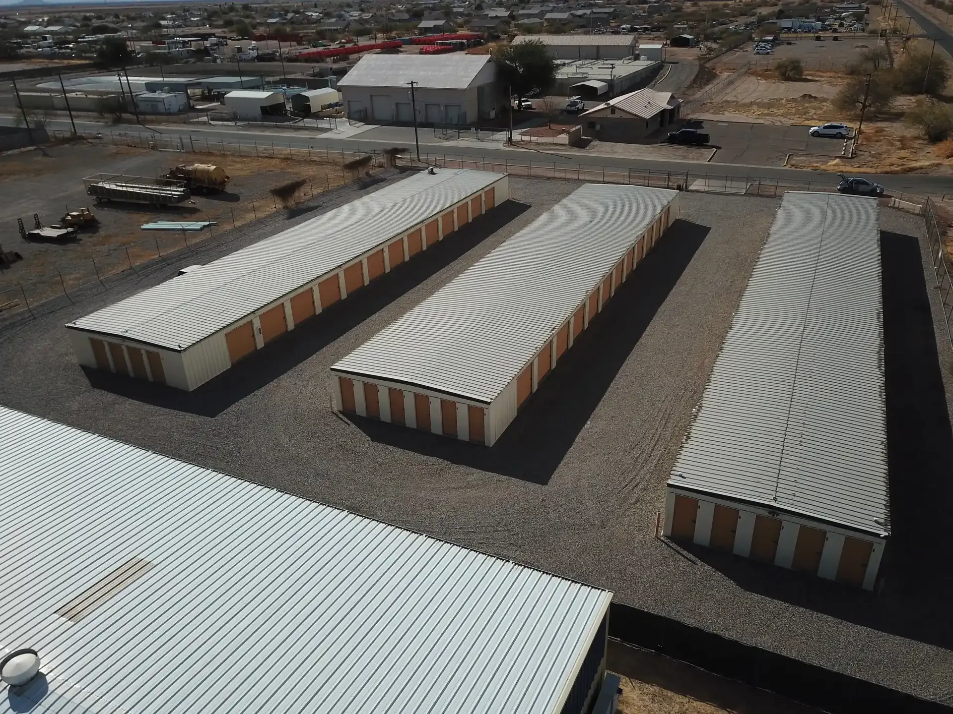 Ariel view of storage units will yellow doors